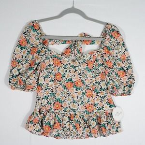 New Milk & honey Blouse Size M Balloon sleeve Ruffle Smocked Tie Back Bow floral